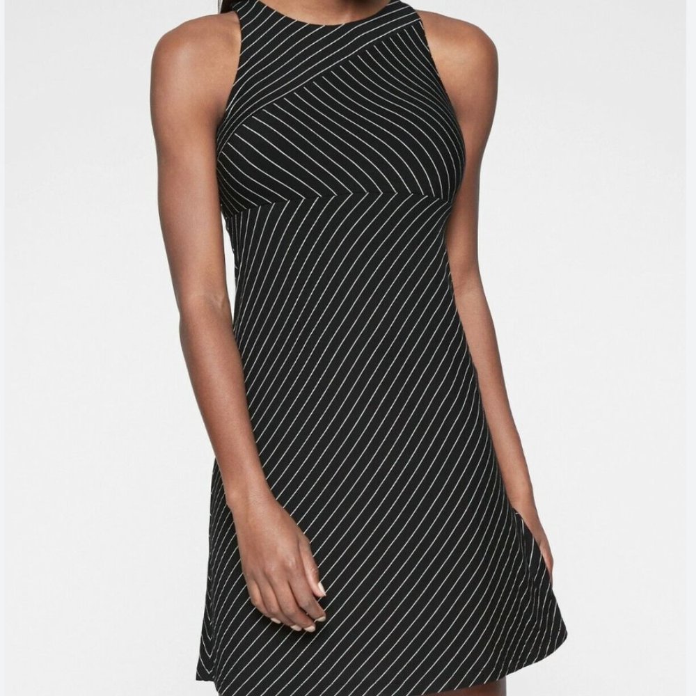 Athleta Santorini high neck fit and flare striped soft and stretchy mini dress